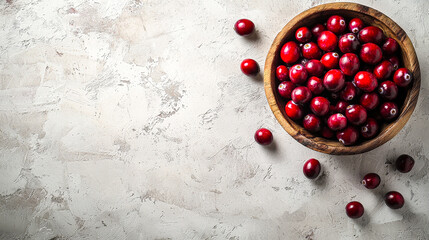 Poster - A wooden bowl overflowing with vibrant cranberries rests on a light textured surface, surrounded by scattered fruits, emphasizing freshness