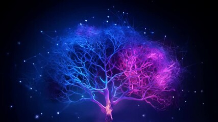 Wall Mural - Tree in dark magical background with glowing purple lights
