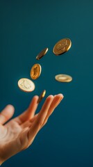 Poster - Gold coins are tossed in the air above an open hand, against a teal backdrop, symbolizing financial concepts such as wealth, investment, and abundance