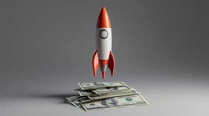 Aufkleber - Stylized rocket is taking off from a pile of dollar banknotes on a simple gray background, representing business growth, investment, and financial success