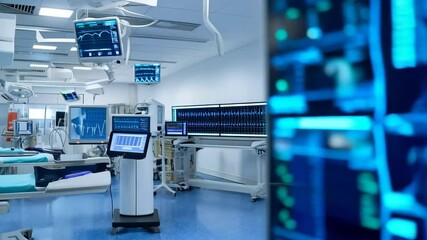 Poster - Monitor displaying medical diagnostics data. Medical research and science concept. Medicine and healthcare of the future. Modern lab interior