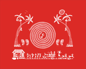 Wall Mural - Village Vignettes: A Serene Warli Artwork of Everyday Life. Warli art rural life, Warli village scene, Indian folk art rural, Warli countryside painting.