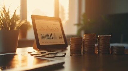 Poster - Stacks of coins showing increasing profits are displayed on a wooden office desk at sunset, next to a tablet showing positive financial charts, creating a concept of successful investments