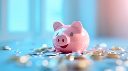 Aufkleber - Pink piggy bank smiling surrounded by many coins on blue surface representing saving money for future investment, retirement plan, and financial success