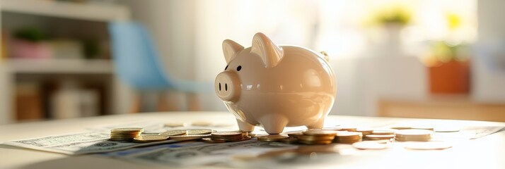 Aufkleber - White piggy bank is standing on a pile of dollar bills and coins representing the concept of saving money, investment, and financial planning