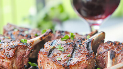 Wall Mural - Grilled lamb chops with red wine, perfect culinary pairing