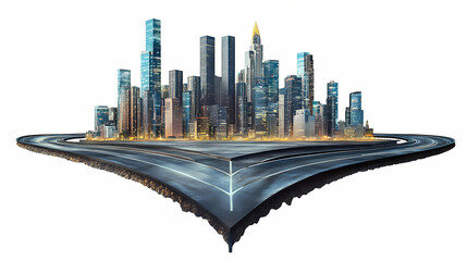 Wall Mural - 3d surrealistic style highway road floating in the air with modern city skyscrapers on the patch of land, isolated on white background, png. Phantasmagoric. Illustration