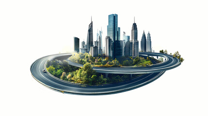 Wall Mural - 3d surrealistic style highway road floating in the air with modern city skyscrapers on the patch of land, isolated on white background, png. Phantasmagoric. Illustration