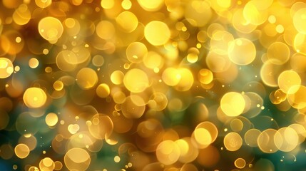 Wall Mural - Golden light bokeh with green tint. Holiday celebration background