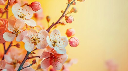 Wall Mural - close-up of blooming cherry blossoms on a branch with warm light
