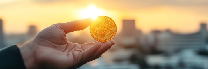 Poster - Businessman showing cryptocurrency coin with cityscape in background at sunset, symbolizing future of finance and investment in digital assets