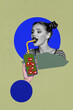 © deagreez - Vertical collage picture young girl drink cocktail smartphone device blogger receive feedback like notification popularity drawing background