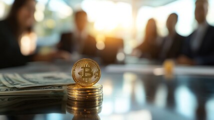 Poster - Golden bitcoin cryptocurrency coins stacked on a desk with dollar bills and blurred business people discussing in the background, representing investment, finance, and the future of money