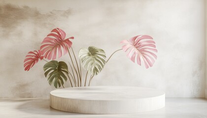 Poster - Geometric Architectural Mockup Featuring Round Podium And Pink Monstera Plant For Product Presentation In Pastel Tones: 3d Rendering.
