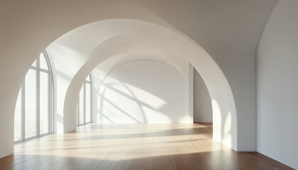 Poster - 3d Rendering Of White Empty Room With Arch Window, Wood Laminate Floor, And Sunlight Casting Shadows On Wall. Perspective Of Modern Interior.