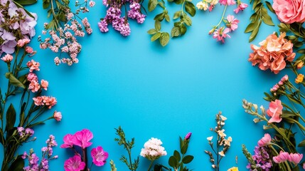 Wall Mural - Floral arrangement framing a bright blue background