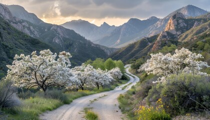 Lush vineyard featuring rows of blooming grapevines illuminated by bright late spring sunlight