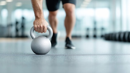 Man lifting a kettlebell up close during a modern gym workout session