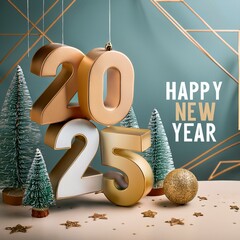 Wall Mural - 3d text new year 2025 gold realistic rendering new year celebration