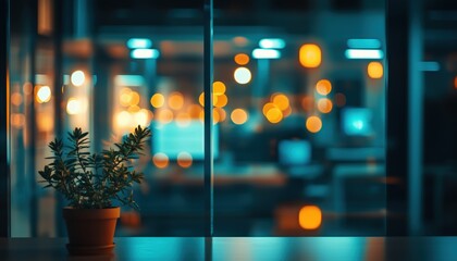 Poster - Stunning Abstract Blurred Interior Room In The Evening: A Blurry Office Space With A Defocused Aesthetic. A Visionary Work Environment.
