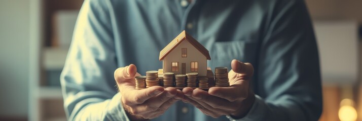 Poster - Businessman is holding a miniature house standing on a growing stack of coins, symbolizing investment, savings, or mortgage for real estate purchase