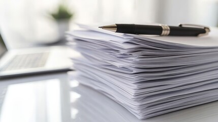 Poster - Neat stack of papers on a desk with a pen and laptop in the background, creating a professional office vibe, exuding productivity and organization for a busy workday