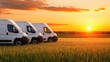 © Sumet - Delivery vans in golden sunrise rural landscape transportation scene serene environment wide angle view logistics concept
