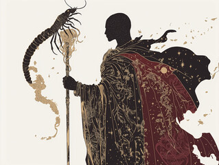 Wall Mural - Traditional Scorpio figure holding a staff topped with a scorpion, with celestial patterns on their cloak, in deep reds, golds, and blacks, set against a clean white background.