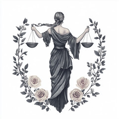 Wall Mural - Elegant Libra character holding a delicate scale, with flowing robes symbolizing harmony, surrounded by roses and laurel leaves, set against a minimalist white background emphasizing balance.