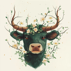 Wall Mural - Calm Taurus character with branch-like horns, surrounded by blooming flowers, symbolizing spring, with natural greens and browns on a minimalist white background.