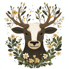 Wall Mural - Calm Taurus character with branch-like horns, surrounded by blooming flowers, symbolizing spring, with natural greens and browns on a minimalist white background.