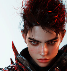 Wall Mural - Close-up of Scorpio with intense eyes, sharp features, and a leather jacket with scorpion motifs, in crimson and black, set against a clean white background highlighting their enigmatic presence.