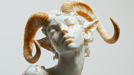 Wall Mural - Detailed portrait of Aries figure with sharp features, confident eyes, marble-textured horns, flame-patterned accessory, and warm lighting, set against a clean white background.