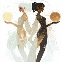 Wall Mural - Dynamic Gemini depiction with twin characters back-to-back, each holding a glowing orb, one light and airy, the other shadowy, adorned with celestial patterns, set against