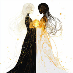 Wall Mural - Dynamic Gemini depiction with twin characters back-to-back, each holding a glowing orb, one light and airy, the other shadowy, adorned with celestial patterns, set against