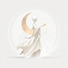 Wall Mural - Gentle Cancer character with flowing features, crescent-shaped shell on their back, holding a glowing pearl, surrounded by waves and stars, set against a minimalist white background.