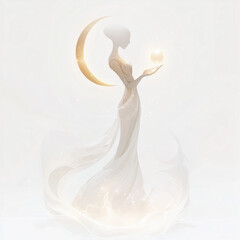 Wall Mural - Gentle Cancer character with flowing features, crescent-shaped shell on their back, holding a glowing pearl, surrounded by waves and stars, set against a minimalist white background.