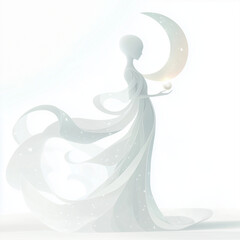 Wall Mural - Gentle Cancer character with flowing features, crescent-shaped shell on their back, holding a glowing pearl, surrounded by waves and stars, set against a minimalist white background.