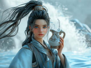 Wall Mural - Detailed Aquarius character holding an ornate jug with flowing water, calm features, glowing blue eyes, soft lighting, set against a pure white background to highlight depth and clarity.