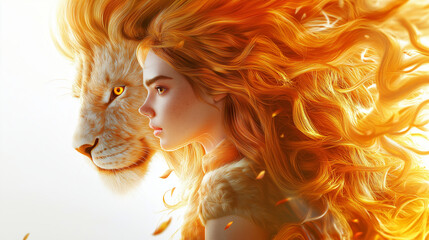 Wall Mural - Lifelike Leo portrait with fierce yet graceful lion, golden hair resembling a mane, glowing eyes, and subtle warm lighting, set against a white background to highlight confidence and charisma.