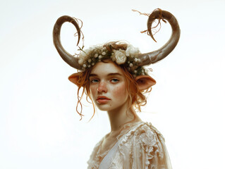 Wall Mural - Lifelike Taurus portrait with soft, strong features, flower crown interwoven with vines, polished wood-textured horns, set against a white background highlighting their earthy elegance.