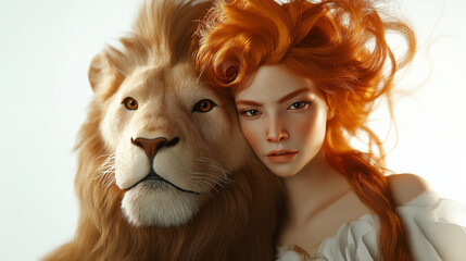 Wall Mural - Lifelike Leo portrait with fierce yet graceful lion, golden hair resembling a mane, glowing eyes, and subtle warm lighting, set against a white background to highlight confidence and charisma.