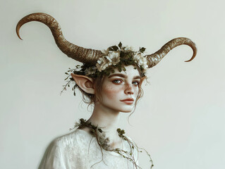 Wall Mural - Lifelike Taurus portrait with soft, strong features, flower crown interwoven with vines, polished wood-textured horns, set against a white background highlighting their earthy elegance.