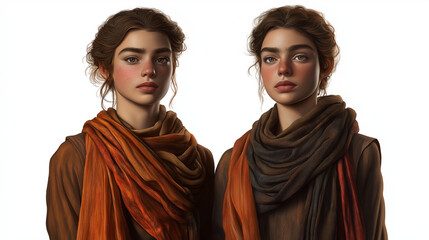 Wall Mural - Lifelike Gemini portrait of twin figures with distinct features, balanced expressions of curiosity and wisdom, one with a bright scarf, the other with a dark accessory, set against