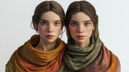 Wall Mural - Lifelike Gemini portrait of twin figures with distinct features, balanced expressions of curiosity and wisdom, one with a bright scarf, the other with a dark accessory, set against