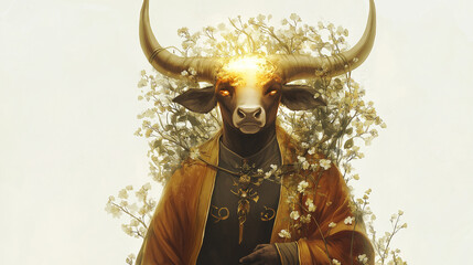Wall Mural - Majestic Taurus character with gilded glowing horns, spring leaf-like robe, surrounded by a halo of flowers and vines, symbolizing fertility and strength, set against a minimalist white background.