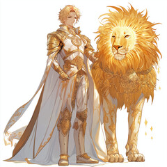 Wall Mural - Regal Leo character with golden lion, sun motifs, royal attire, and detailed flame-like mane, set against a minimalist white background to highlight power and elegance.