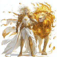 Wall Mural - Regal Leo character with golden lion, sun motifs, royal attire, and detailed flame-like mane, set against a minimalist white background to highlight power and elegance.
