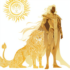 Wall Mural - Regal Leo character with golden lion, sun motifs, royal attire, and detailed flame-like mane, set against a minimalist white background to highlight power and elegance.