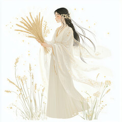 Wall Mural - Serene Virgo character holding a bundle of wheat, wearing a flowing gown with delicate embroidery, adorned with flowers and golden stars, set against a minimalist white background to emphasize eleganc